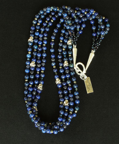 Lapis & Iolite 4-Strand Necklace with Czechoslovakian Nailheads, Fire Polished Glass, and Sterling Silver Beads, Cones & Toggle Clasp