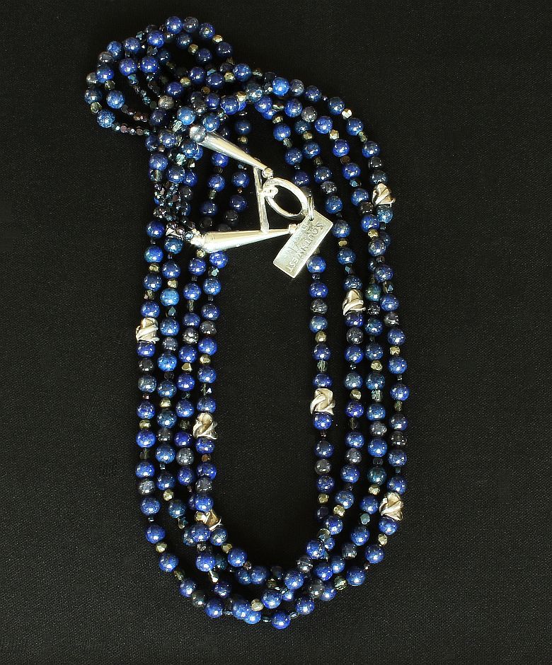Lapis & Iolite 4-Strand Necklace with Czechoslovakian Nailheads, Fire Polished Glass, and Sterling Silver Beads, Cones & Toggle Clasp