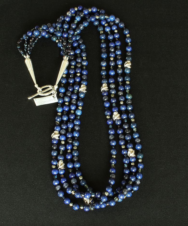 Lapis & Iolite 4-Strand Necklace with Czechoslovakian Nailheads, Fire Polished Glass, and Sterling Silver Beads, Cones & Toggle Clasp