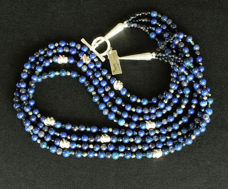 Lapis & Iolite 4-Strand Necklace with Czechoslovakian Nailheads, Fire Polished Glass, and Sterling Silver Beads, Cones & Toggle Clasp