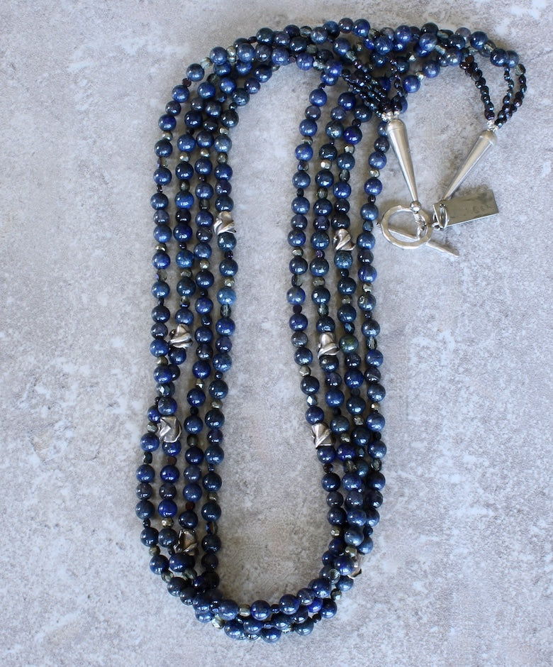 Lapis & Iolite Rounds 4-Strand Necklace with Czech Glass and Sterling Silver