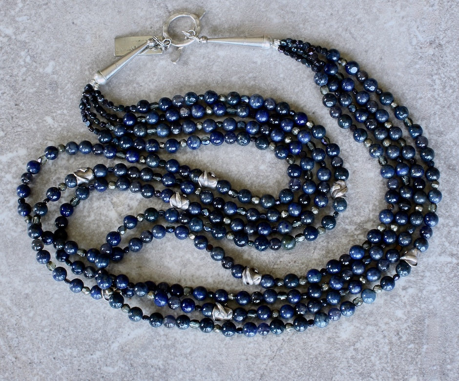 Lapis & Iolite Rounds 4-Strand Necklace with Czech Glass and Sterling Silver