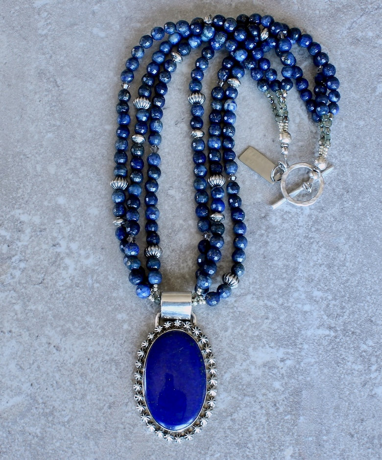 Lapis and Sterling Silver 29-Concho Button Pendant with 3 Strands of Lapis Faceted Rounds, Czech Glass and Sterling Silver