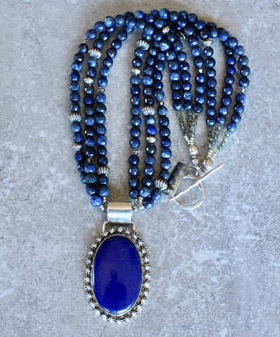 Lapis and Sterling Silver 29-Concho Button Pendant with 3 Strands of Lapis Faceted Rounds, Czech Glass and Sterling Silver