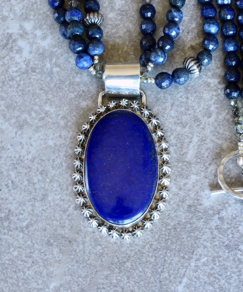 Lapis and Sterling Silver 29-Concho Button Pendant with 3 Strands of Lapis Faceted Rounds, Czech Glass and Sterling Silver