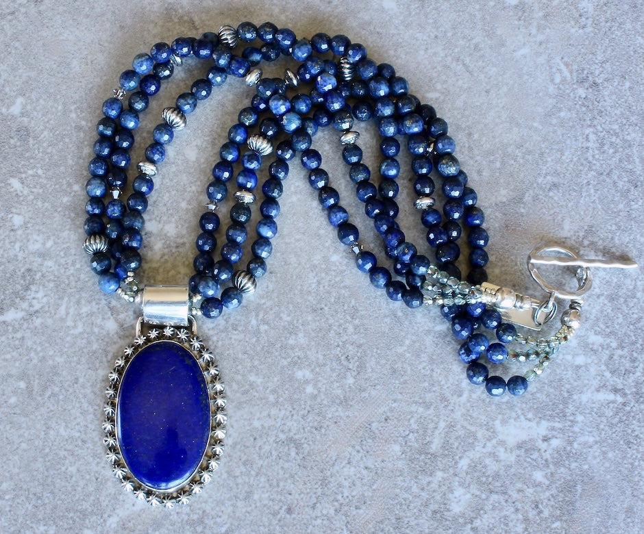 Lapis and Sterling Silver 29-Concho Button Pendant with 3 Strands of Lapis Faceted Rounds, Czech Glass and Sterling Silver