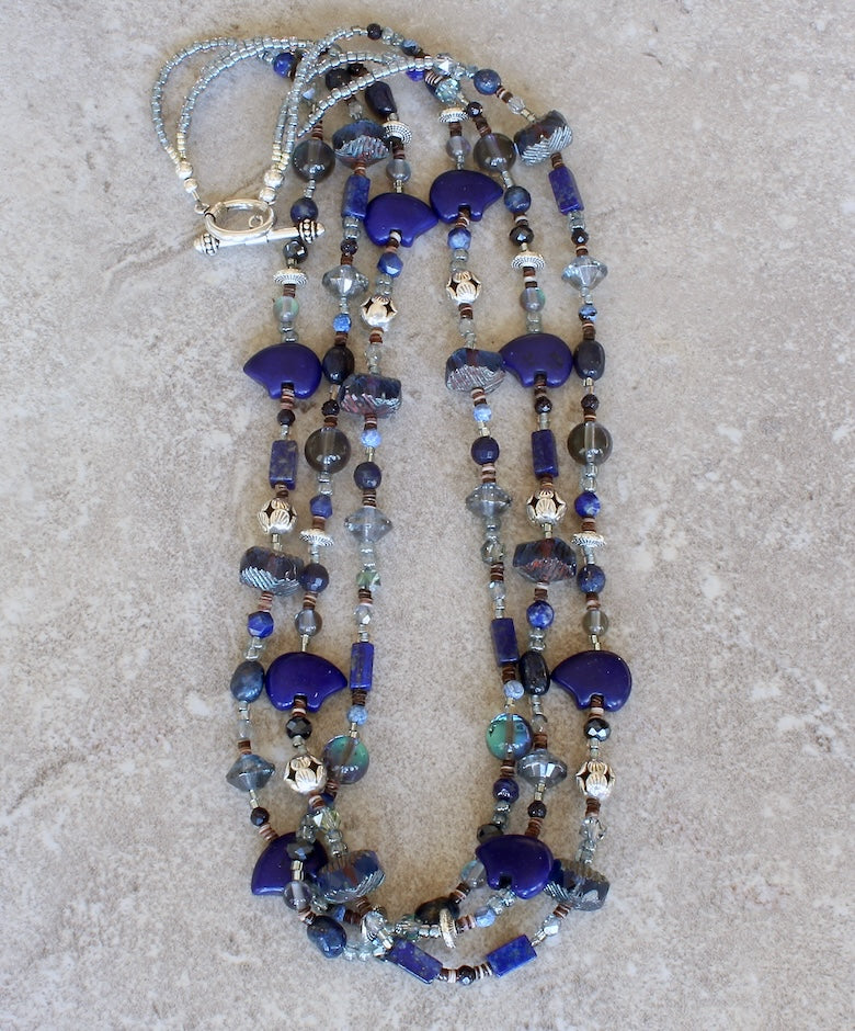 Lapis, Sandstone, Tiger Eye, Czech Glass and Sterling Silver 3-Strand Necklace with Zuni Bears