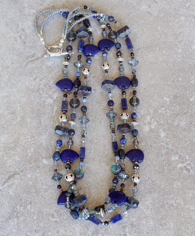 Lapis, Sandstone, Tiger Eye, Czech Glass and Sterling Silver 3-Strand Necklace with Zuni Bears