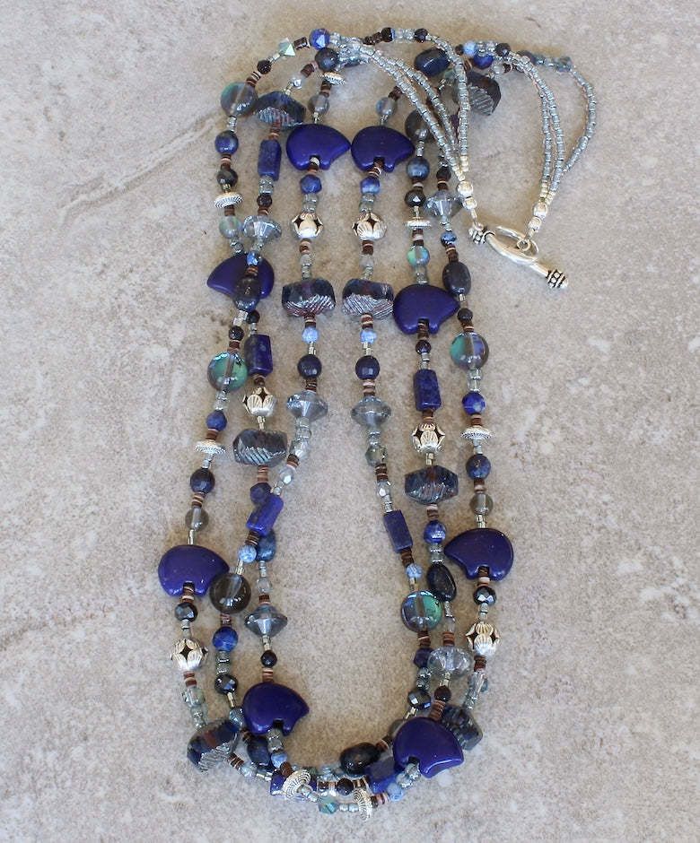 Lapis, Sandstone, Tiger Eye, Czech Glass and Sterling Silver 3-Strand Necklace with Zuni Bears