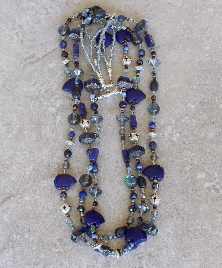 Lapis, Sandstone, Tiger Eye, Czech Glass and Sterling Silver 3-Strand Necklace with Zuni Bears