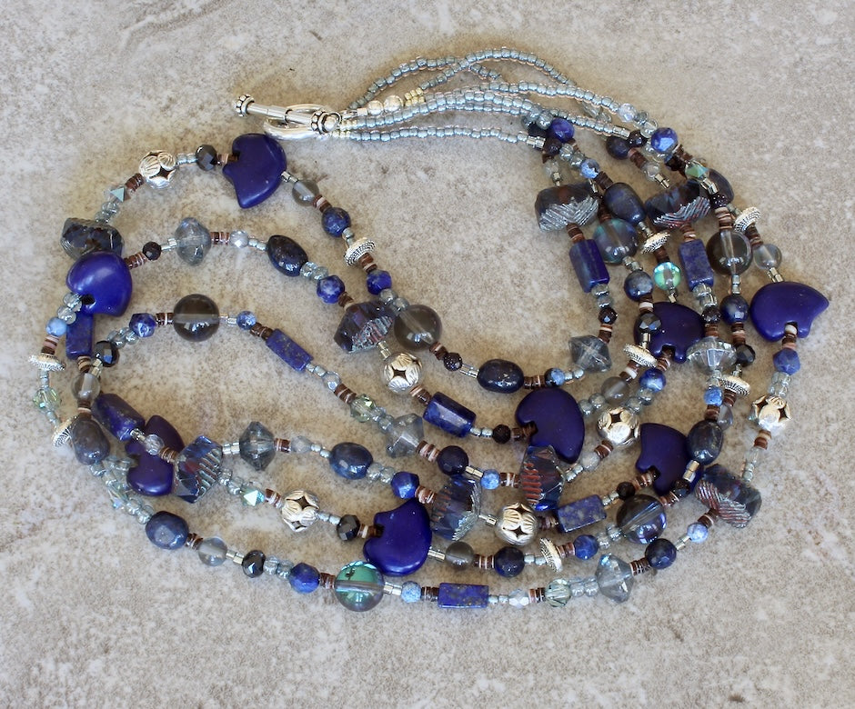 Lapis, Sandstone, Tiger Eye, Czech Glass and Sterling Silver 3-Strand Necklace with Zuni Bears