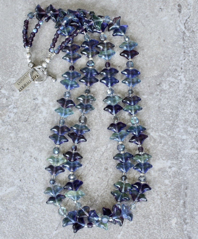 Lavender & Blue Czech Glass Tulips Necklace with Quartz, Fire Polished Glass and a Silver Toggle Clasp