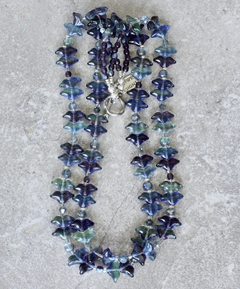 Lavender & Blue Czech Glass Tulips Necklace with Quartz, Fire Polished Glass and a Silver Toggle Clasp