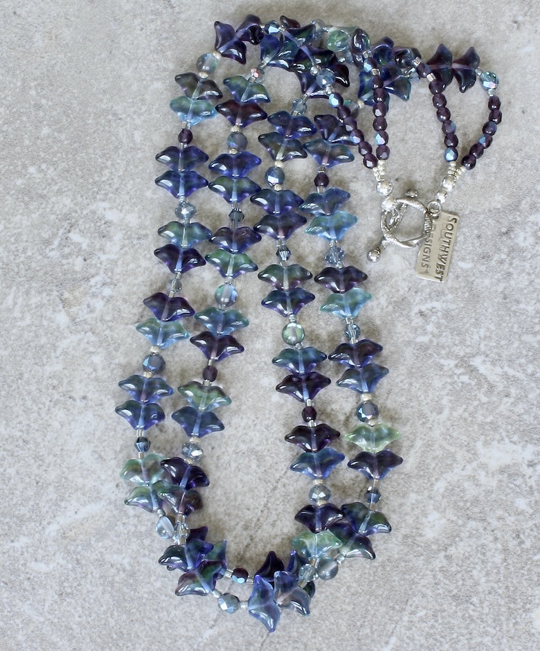 Lavender & Blue Czech Glass Tulips Necklace with Quartz, Fire Polished Glass and a Silver Toggle Clasp