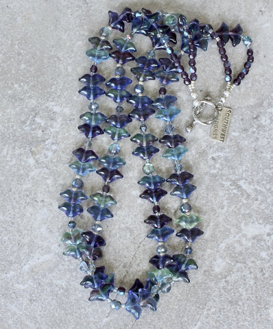 Lavender & Blue Czech Glass Tulips Necklace with Quartz, Fire Polished Glass and a Silver Toggle Clasp