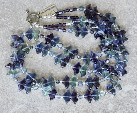 Lavender & Blue Czech Glass Tulips Necklace with Quartz, Fire Polished Glass and a Silver Toggle Clasp
