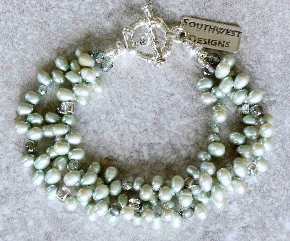 Light Green Nugget Pearl 3-Strand Bracelet with 4 Styles of Czech Glass and a Silver Toggle Clasp