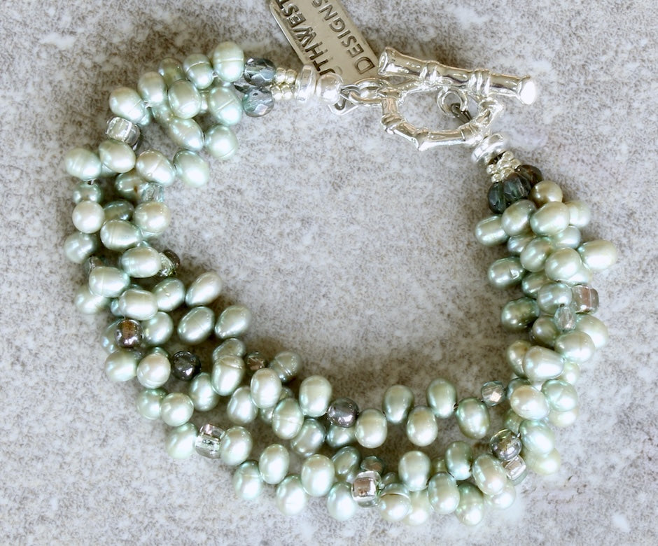 Light Green Nugget Pearl 3-Strand Bracelet with 4 Styles of Czech Glass and a Silver Toggle Clasp