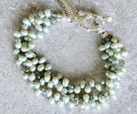 Light Green Nugget Pearl 3-Strand Bracelet with 4 Styles of Czech Glass and a Silver Toggle Clasp