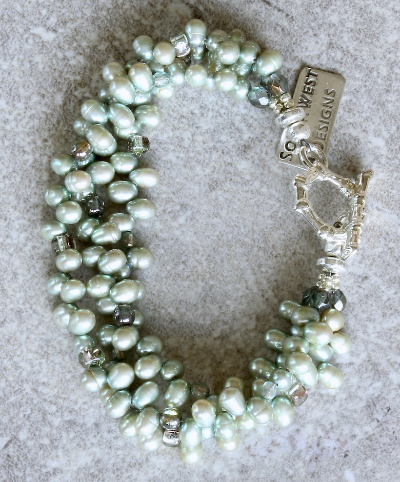 Light Green Nugget Pearl 3-Strand Bracelet with 4 Styles of Czech Glass and a Silver Toggle Clasp