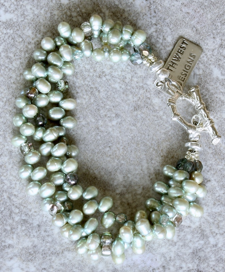 Light Green Nugget Pearl 3-Strand Bracelet with 4 Styles of Czech Glass and a Silver Toggle Clasp