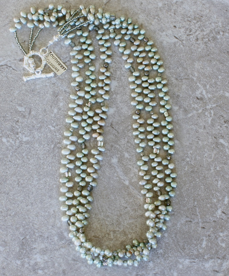 Light Green Nugget Pearl 3-Strand Necklace with Czech Glass and a Silverplate Toggle Clasp