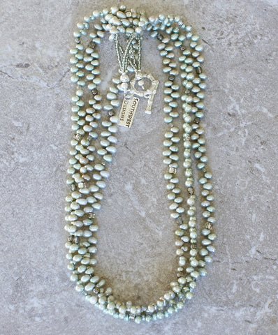 Light Green Nugget Pearl 3-Strand Necklace with Czech Glass and a Silverplate Toggle Clasp