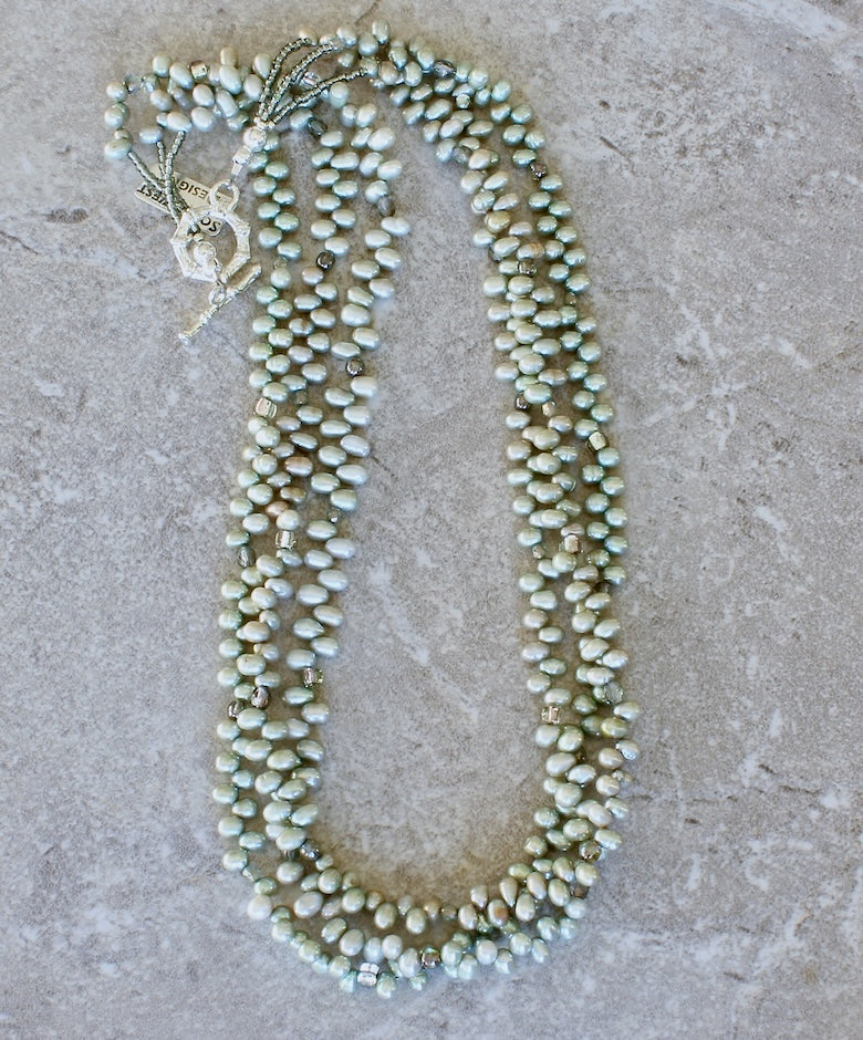 Light Green Nugget Pearl 3-Strand Necklace with Czech Glass and a Silverplate Toggle Clasp