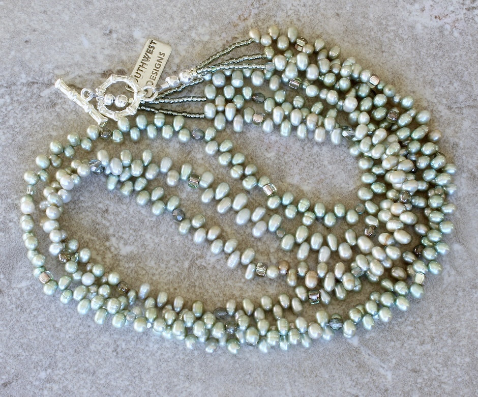 Light Green Nugget Pearl 3-Strand Necklace with Czech Glass and a Silverplate Toggle Clasp