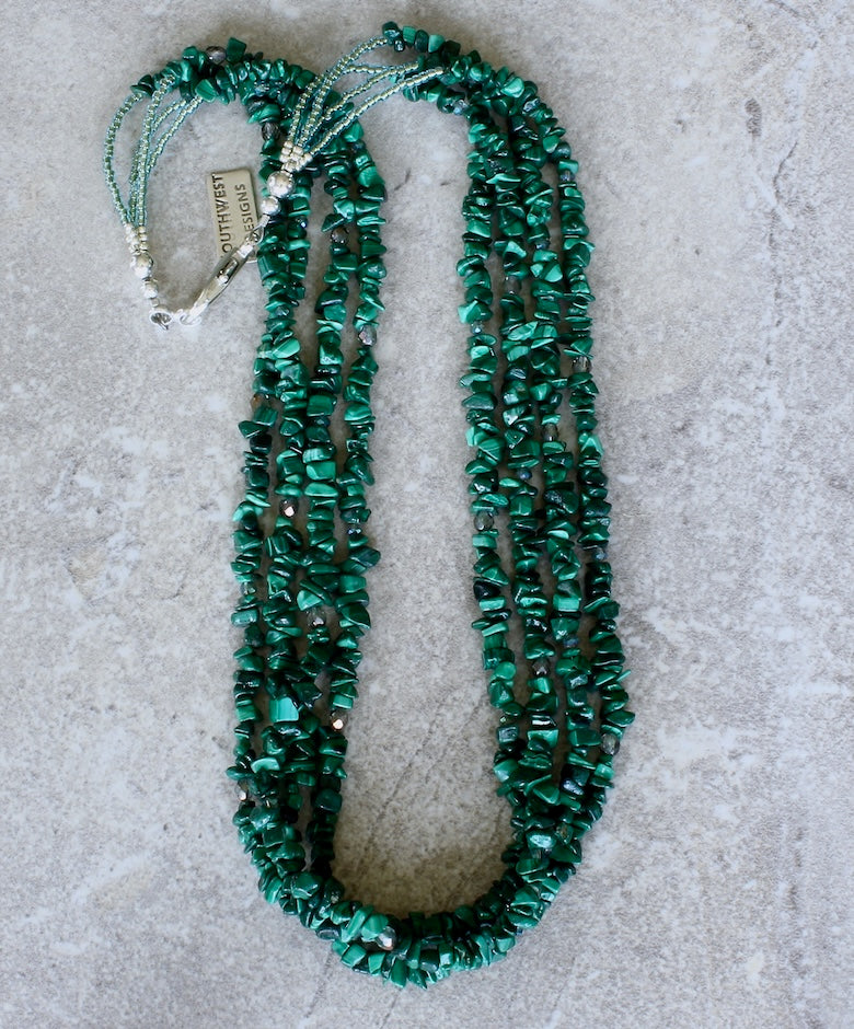 Malachite Chip 4-Strand Necklace with Czech Glass and a Silver Lobster Clasp