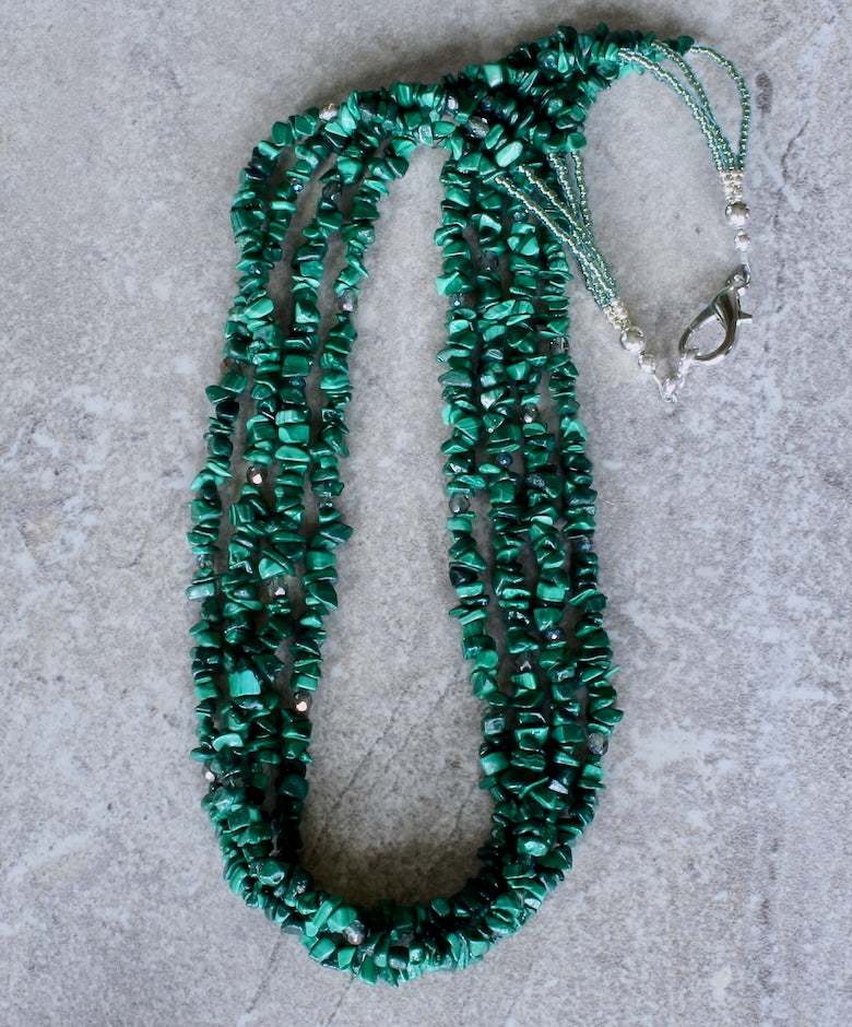 Malachite Chip 4-Strand Necklace with Czech Glass and a Silver Lobster Clasp