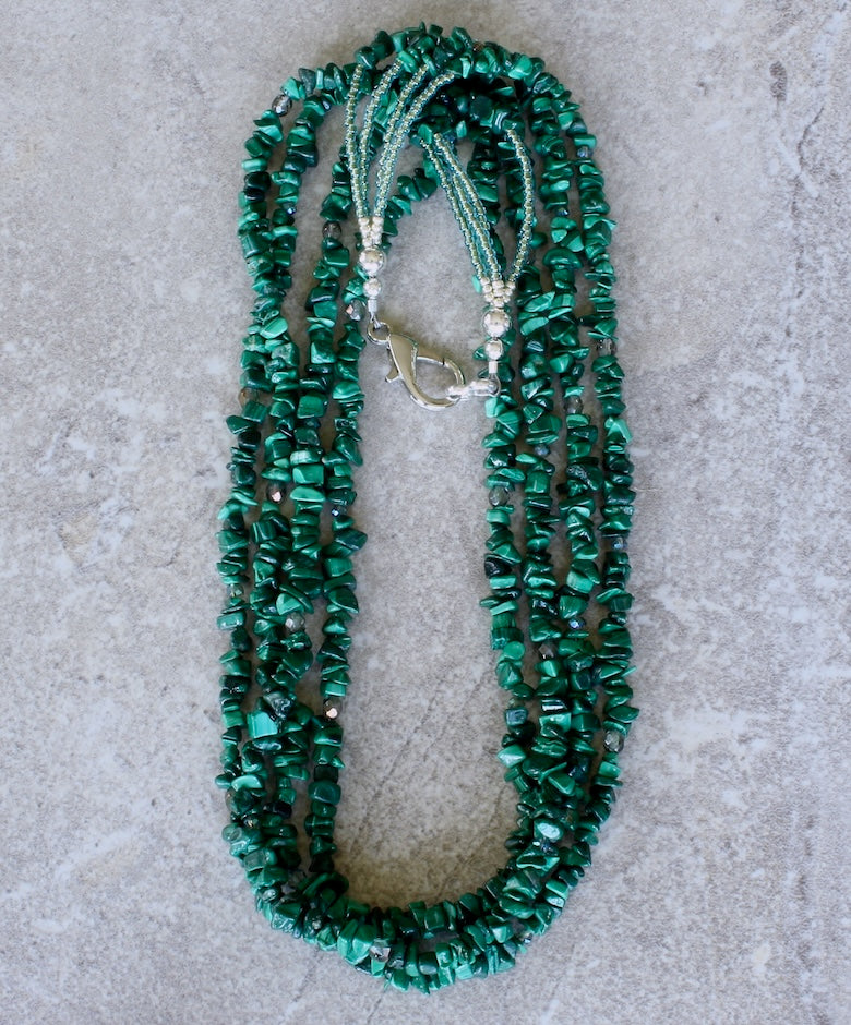 Malachite Chip 4-Strand Necklace with Czech Glass and a Silver Lobster Clasp