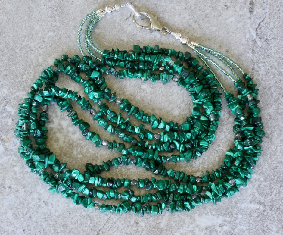 Malachite Chip 4-Strand Necklace with Czech Glass and a Silver Lobster Clasp