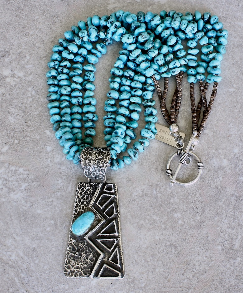 Merle House Turquoise and Sterling Silver Tufa Cast Pendant with 4 Strands of Turquoise Nuggets