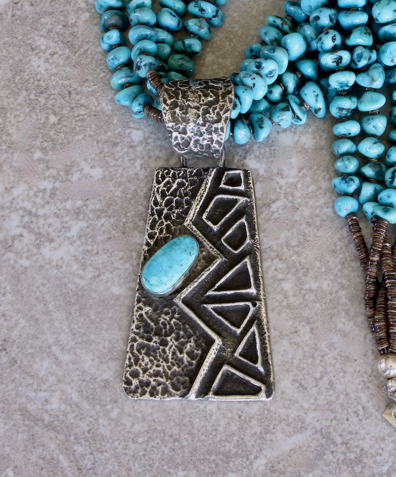 Merle House Turquoise and Sterling Silver Tufa Cast Pendant with 4 Strands of Turquoise Nuggets