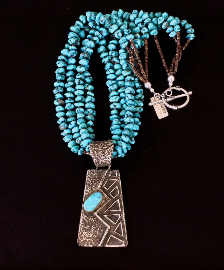 Merle House Tufa Cast Sterling Silver Pendant with 4 Strands of Turquoise Nuggets