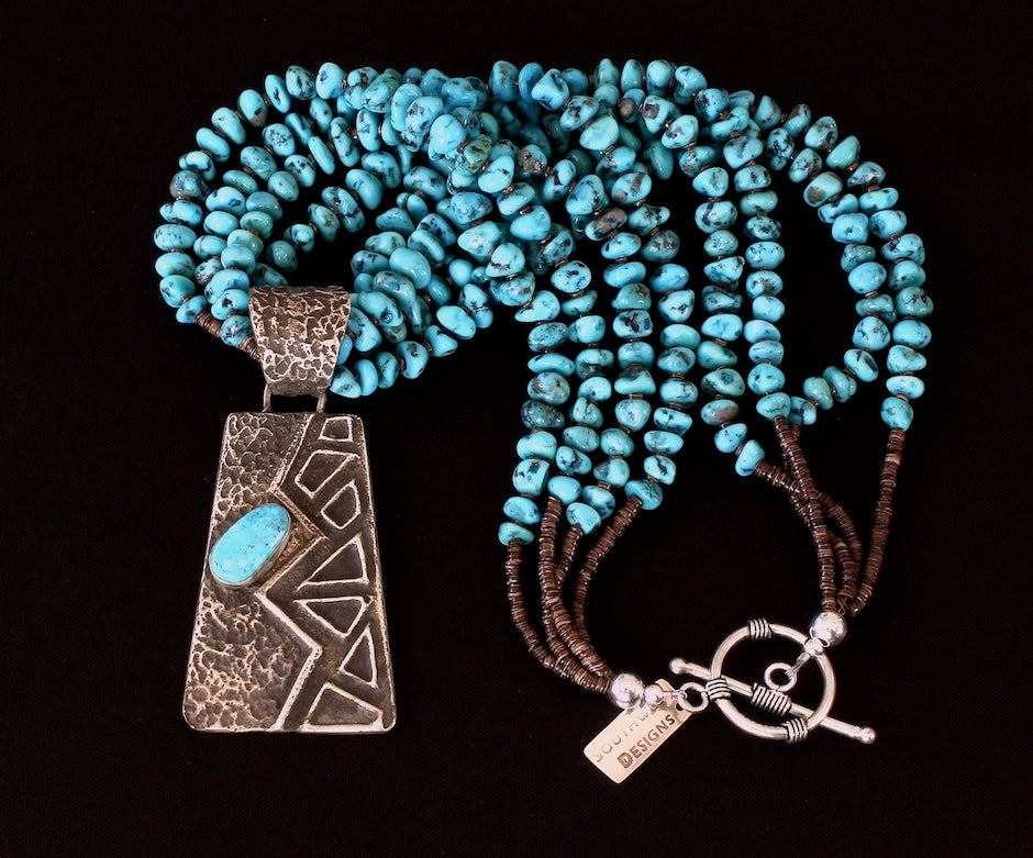 Merle House Tufa Cast Sterling Silver Pendant with 4 Strands of Turquoise Nuggets