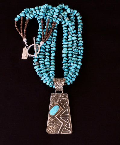 Merle House Tufa Cast Sterling Silver Pendant with 4 Strands of Turquoise Nuggets