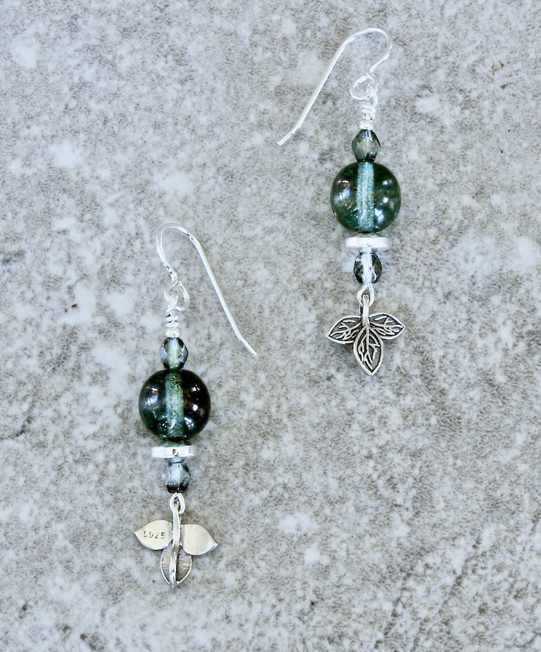 Blue-Green Metallic Czech Druk Glass Earrings with Sterling Silver 3-Petal Leaf Charms