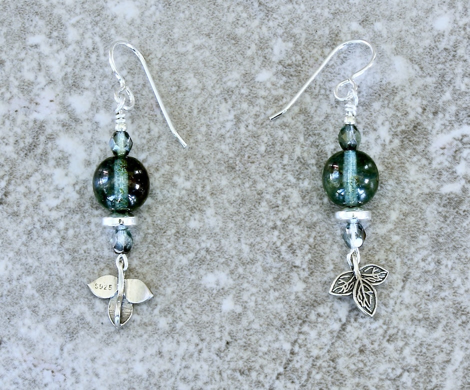 Blue-Green Metallic Czech Druk Glass Earrings with Sterling Silver 3-Petal Leaf Charms