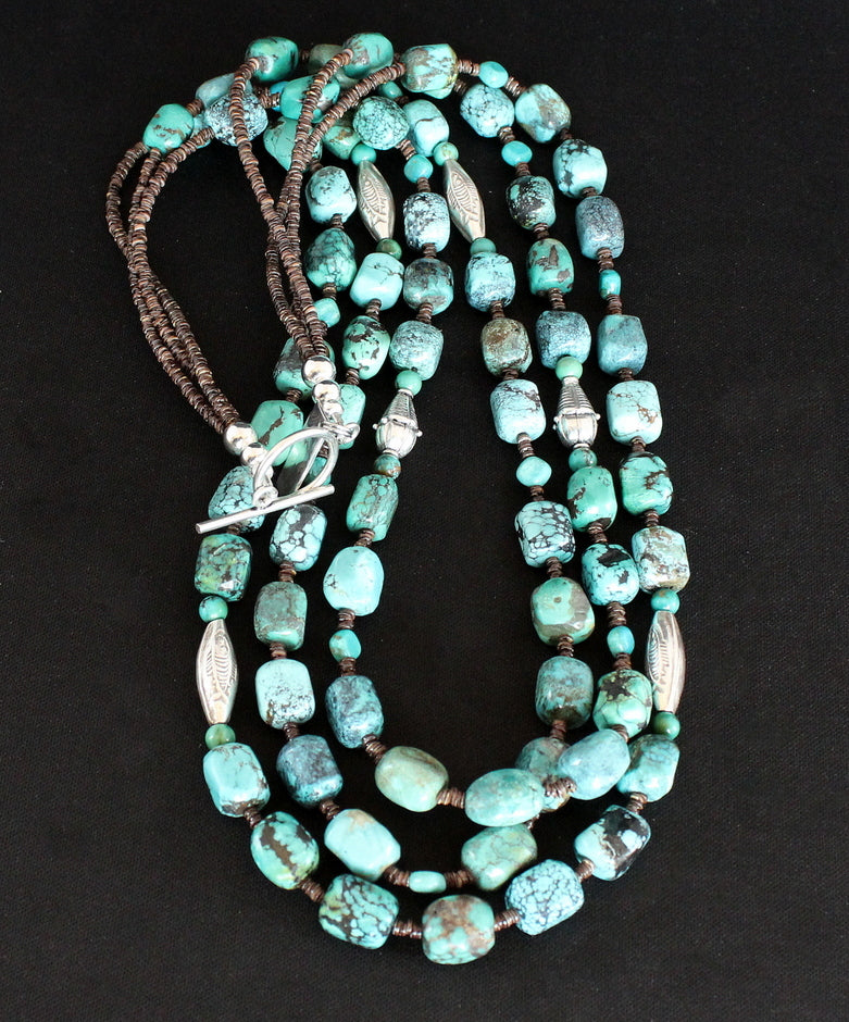 Box Cut Milky Way Turquoise 3-Strand Necklace with Olive Shell Heishi and Ornate Sterling Silver