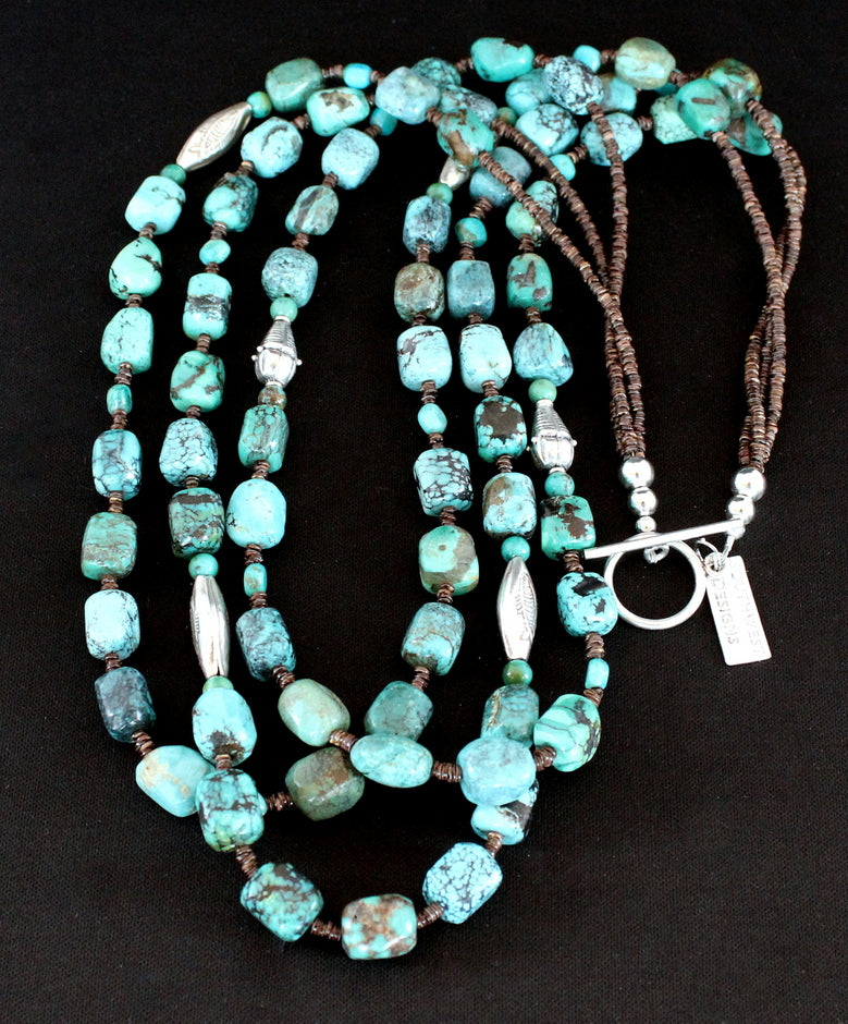 Box Cut Milky Way Turquoise 3-Strand Necklace with Olive Shell Heishi and Ornate Sterling Silver