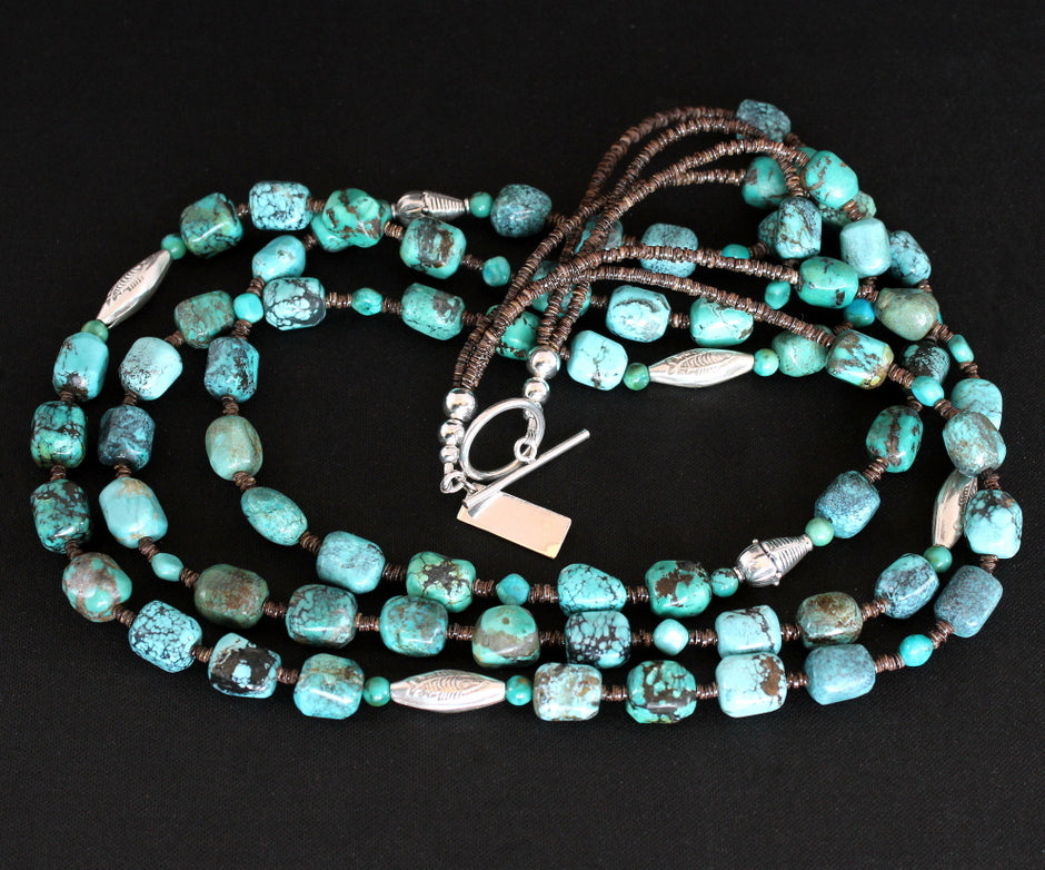Box Cut Milky Way Turquoise 3-Strand Necklace with Olive Shell Heishi and Ornate Sterling Silver