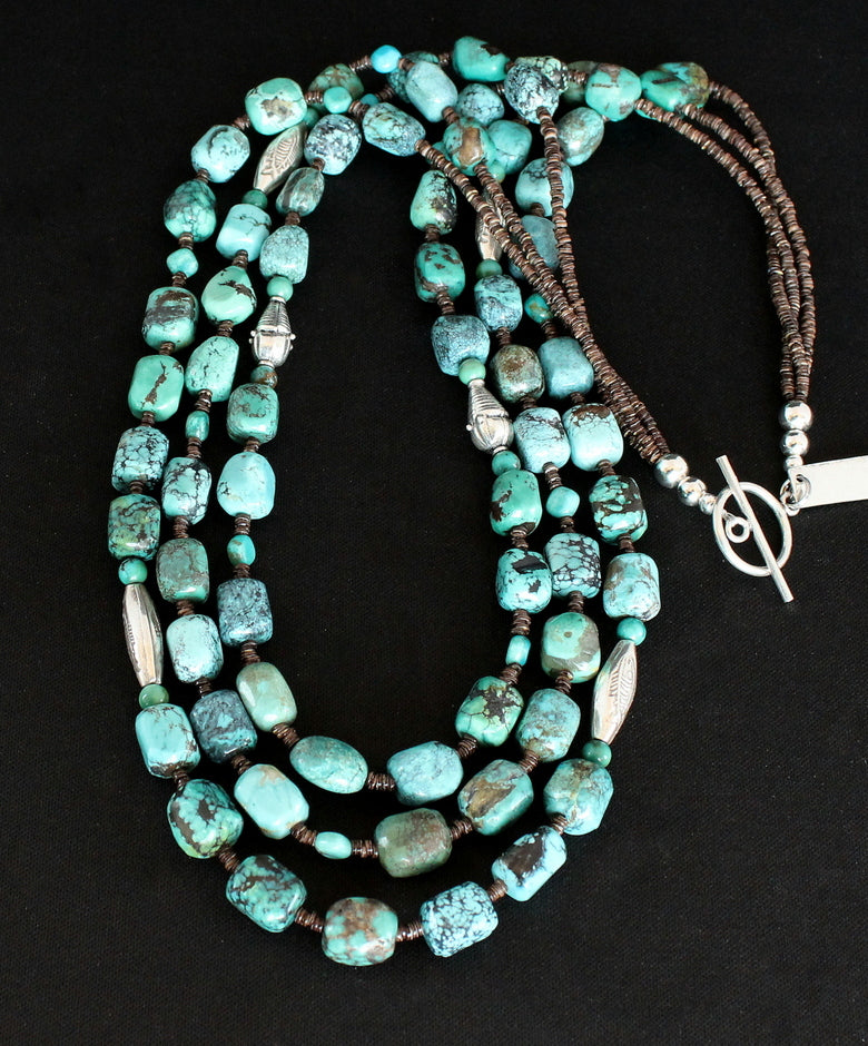 Box Cut Milky Way Turquoise 3-Strand Necklace with Olive Shell Heishi and Ornate Sterling Silver