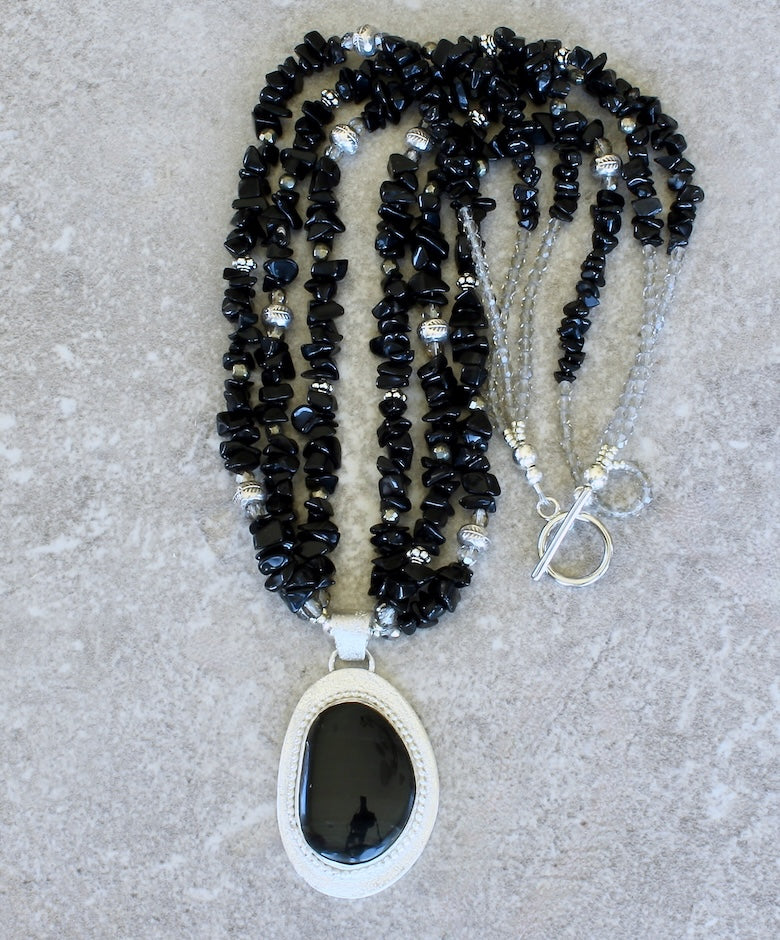 Mono Lake Obsidian and Sterling Silver Pendant with 3 Strands of Onyx Chip, Czech Glass and Sterling