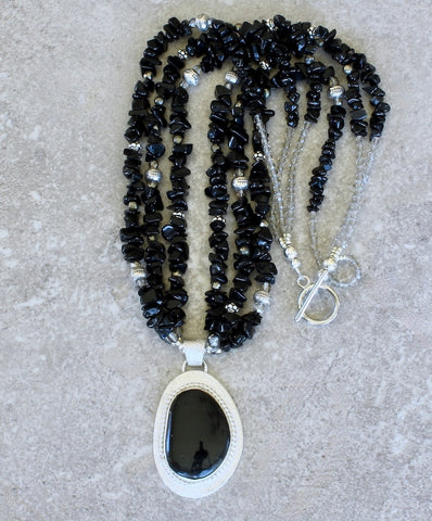 Mono Lake Obsidian and Sterling Silver Pendant with 3 Strands of Onyx Chip, Czech Glass and Sterling