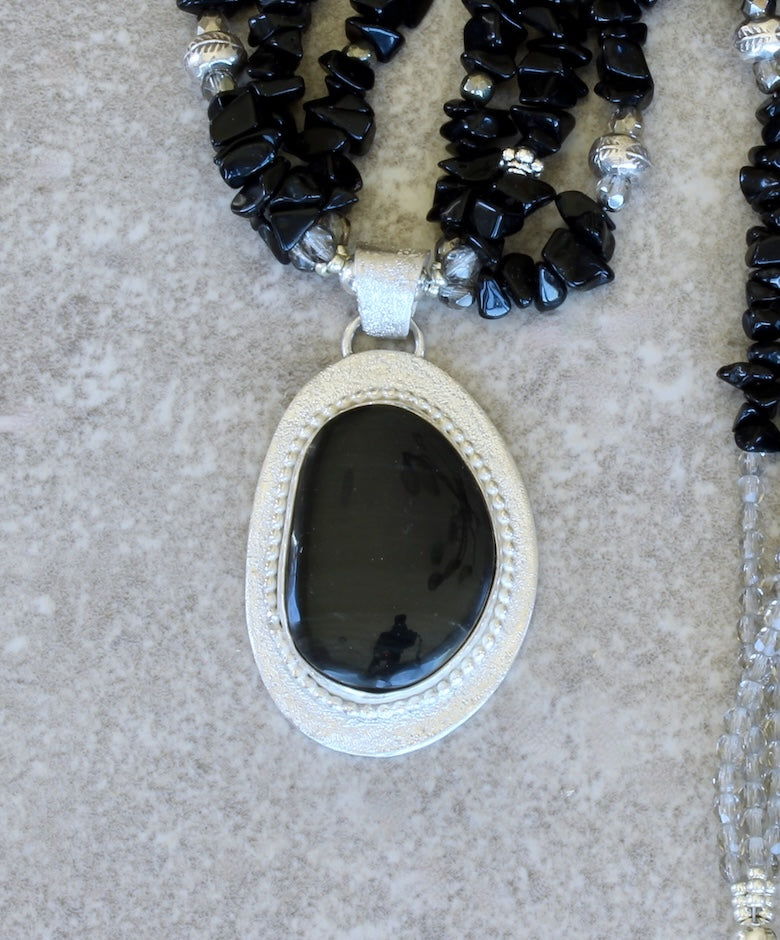 Mono Lake Obsidian and Sterling Silver Pendant with 3 Strands of Onyx Chip, Czech Glass and Sterling