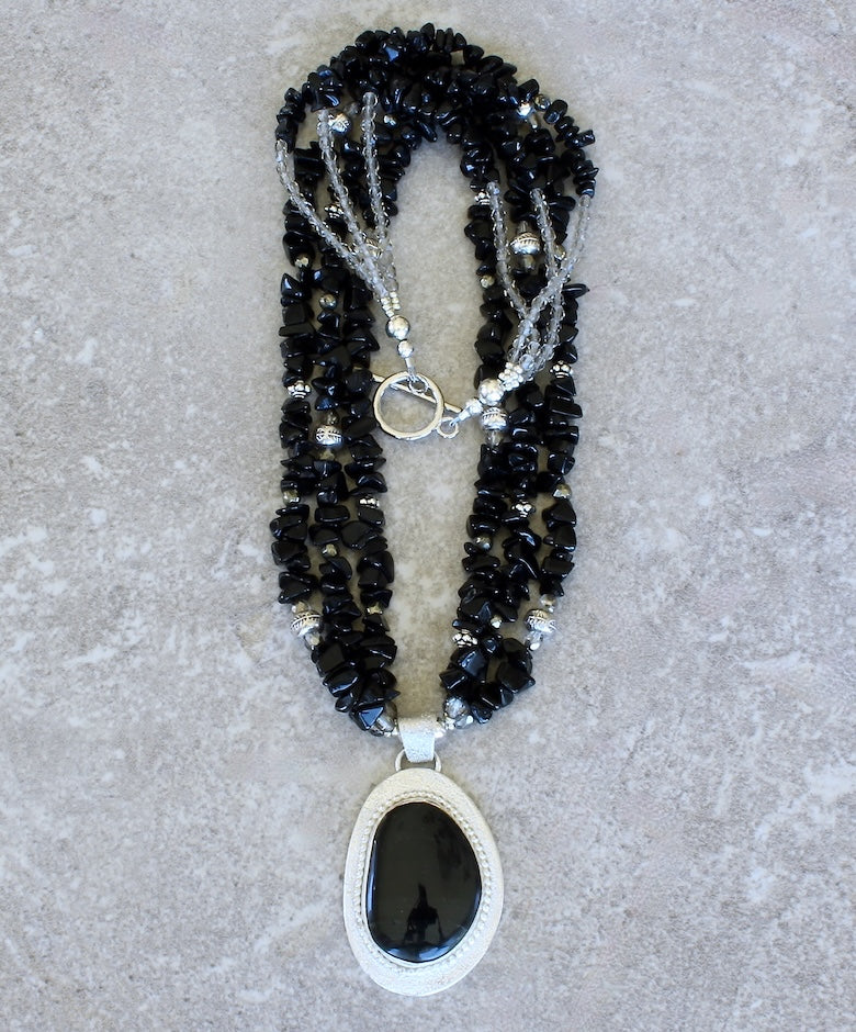 Mono Lake Obsidian and Sterling Silver Pendant with 3 Strands of Onyx Chip, Czech Glass and Sterling