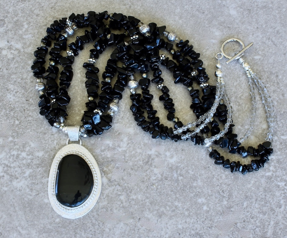 Mono Lake Obsidian and Sterling Silver Pendant with 3 Strands of Onyx Chip, Czech Glass and Sterling