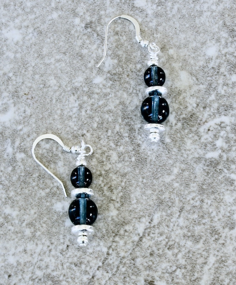 Montana Blue Czech Druk Glass Rounds with Sterling Silver Discs and Earring Wires